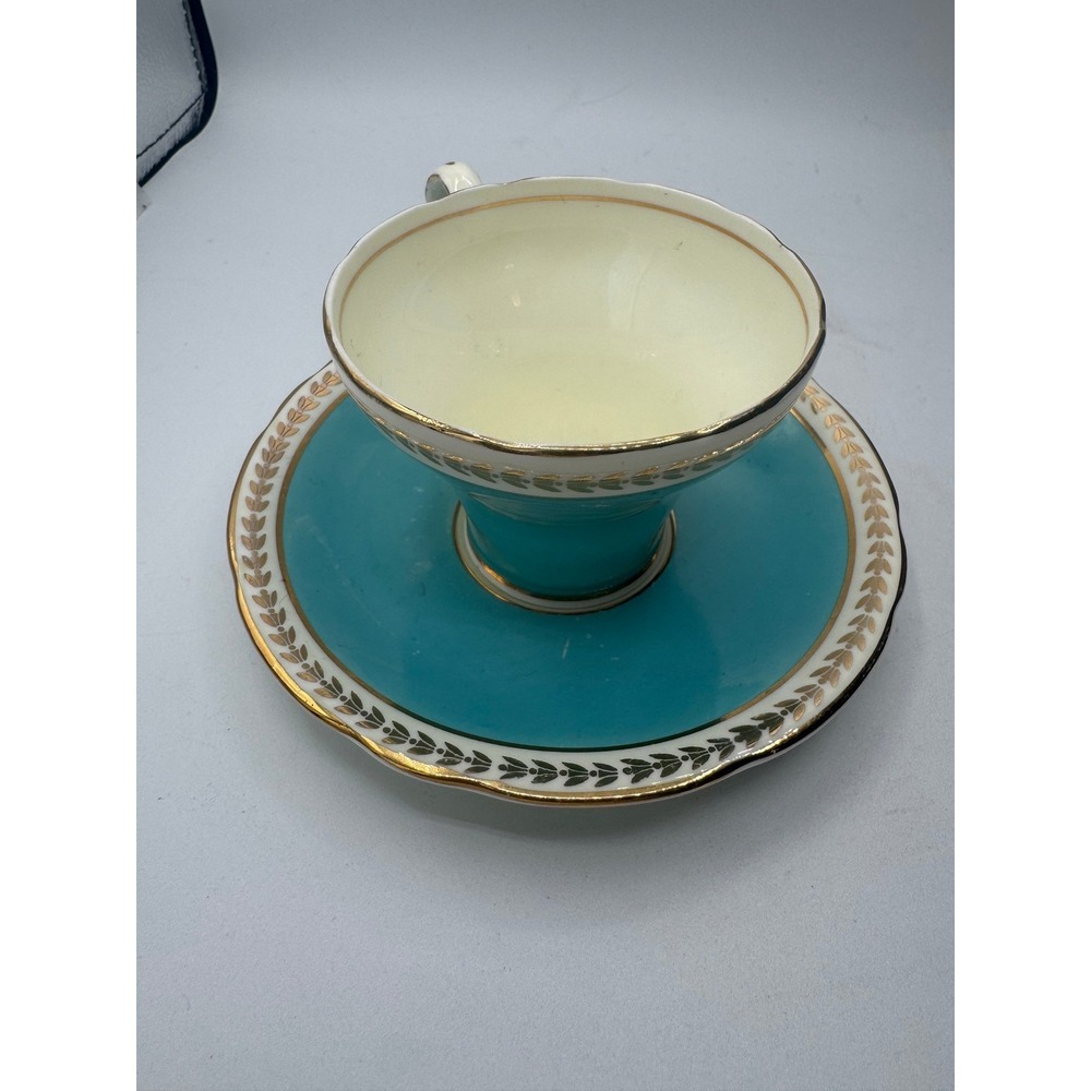Aynsley Tea Cup and Saucer Set Turquoise Teal Gold Laurel Leaf Bone China